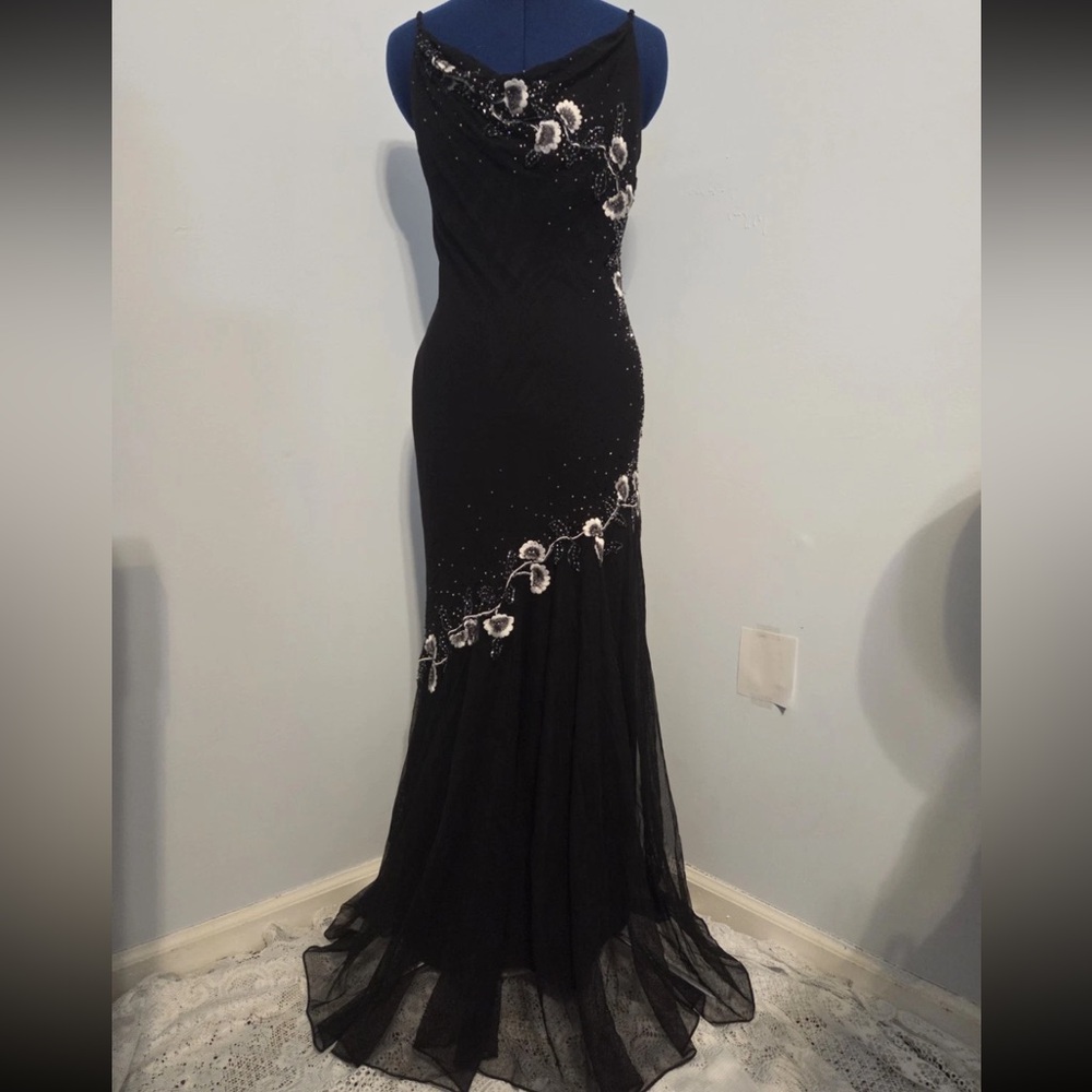 Vintage 90s/Y2K Xscape black beaded silk prom dress